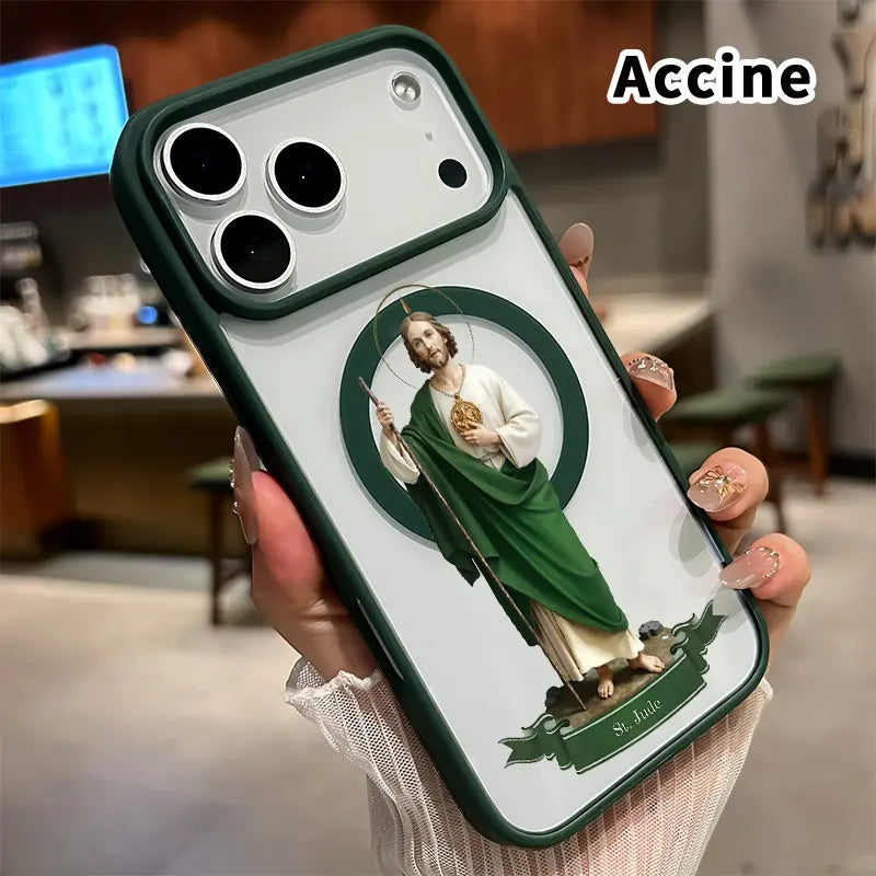 Magnetic Phone Case for Iphone 17 16 Pro Max plus 15 14 13 12 11 Air E Saint Jude Statue Pattern Non-Yellowing Shockproof Soft Silicone Transparent Acrylic Cover Supports Wireless Charging