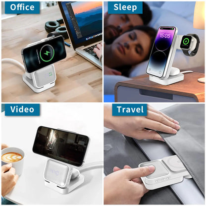 3-In-1 Magnetic Wireless Charger Stand, Foldable Fast Charging Station for Iphone 16 15 14 13 12, Apple Watch, Airpods – Portable Travel Charger