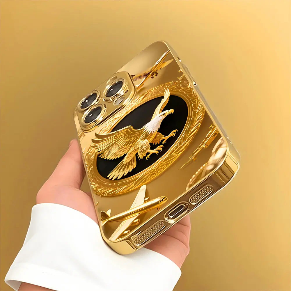 New Golden Eagle Gold Plated Glass Phone Case, High Definition Glass Design Phone Protection Case, Suitable for Iphone 17 Pro Max 16 15 14 13 12 11 Samsung Galaxy S25 Ultra S24 S23 S22 S21 S20 a Series All Inclusive Phone Case - ZQ140