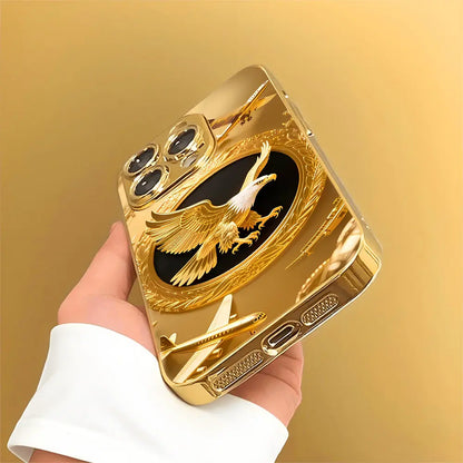 New Golden Eagle Gold Plated Glass Phone Case, High Definition Glass Design Phone Protection Case, Suitable for Iphone 17 Pro Max 16 15 14 13 12 11 Samsung Galaxy S25 Ultra S24 S23 S22 S21 S20 a Series All Inclusive Phone Case - ZQ140