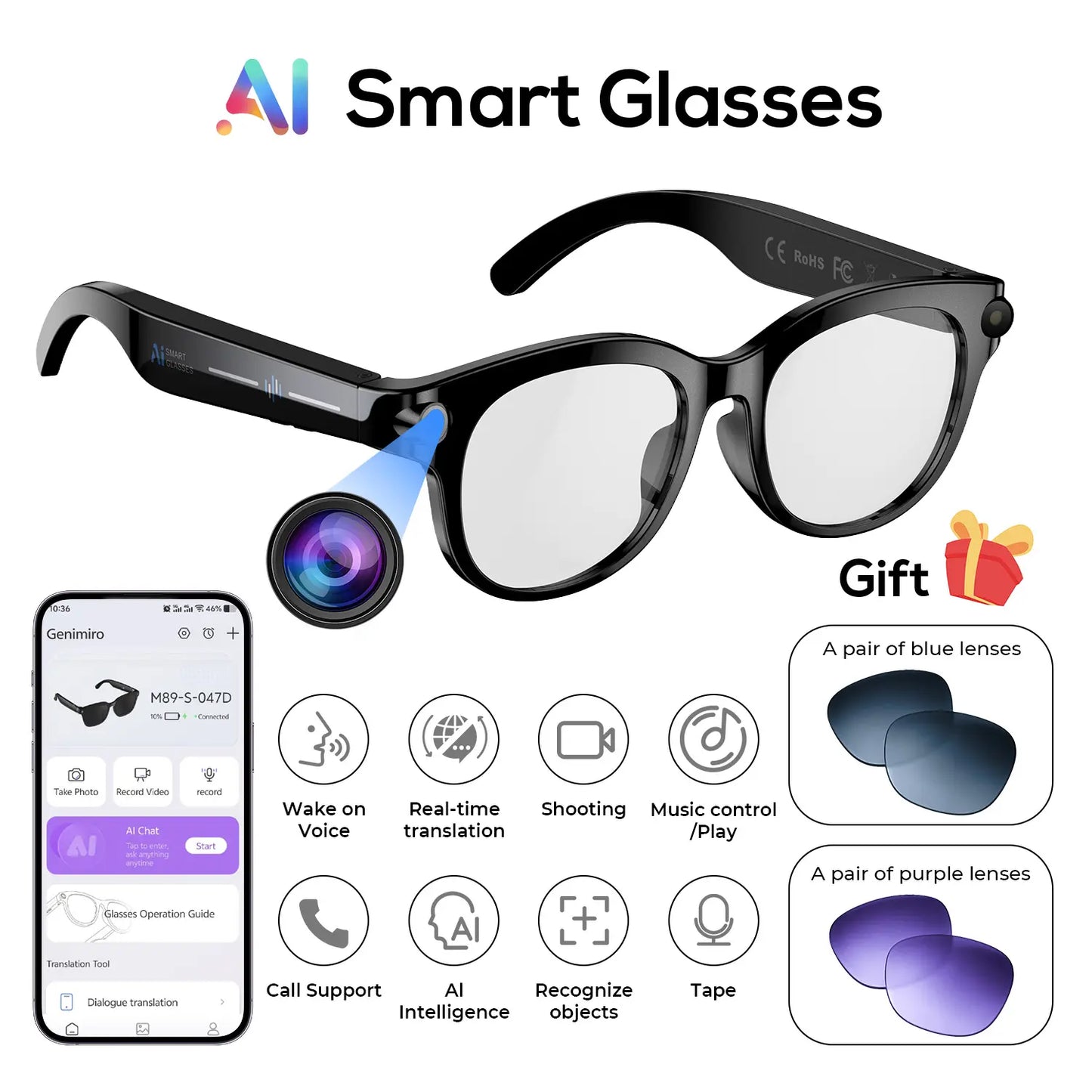 800W HD Camera Smart Sport Glasses, AI Smart Glasses，Photo/Video/Recording (Light on When Recording), Remote Shutter Controlai Voice Assistant, Object Recognition, Bluetooth Music Control & Call, Multilingual Translation, Lightweight Wear, Meta Glasses