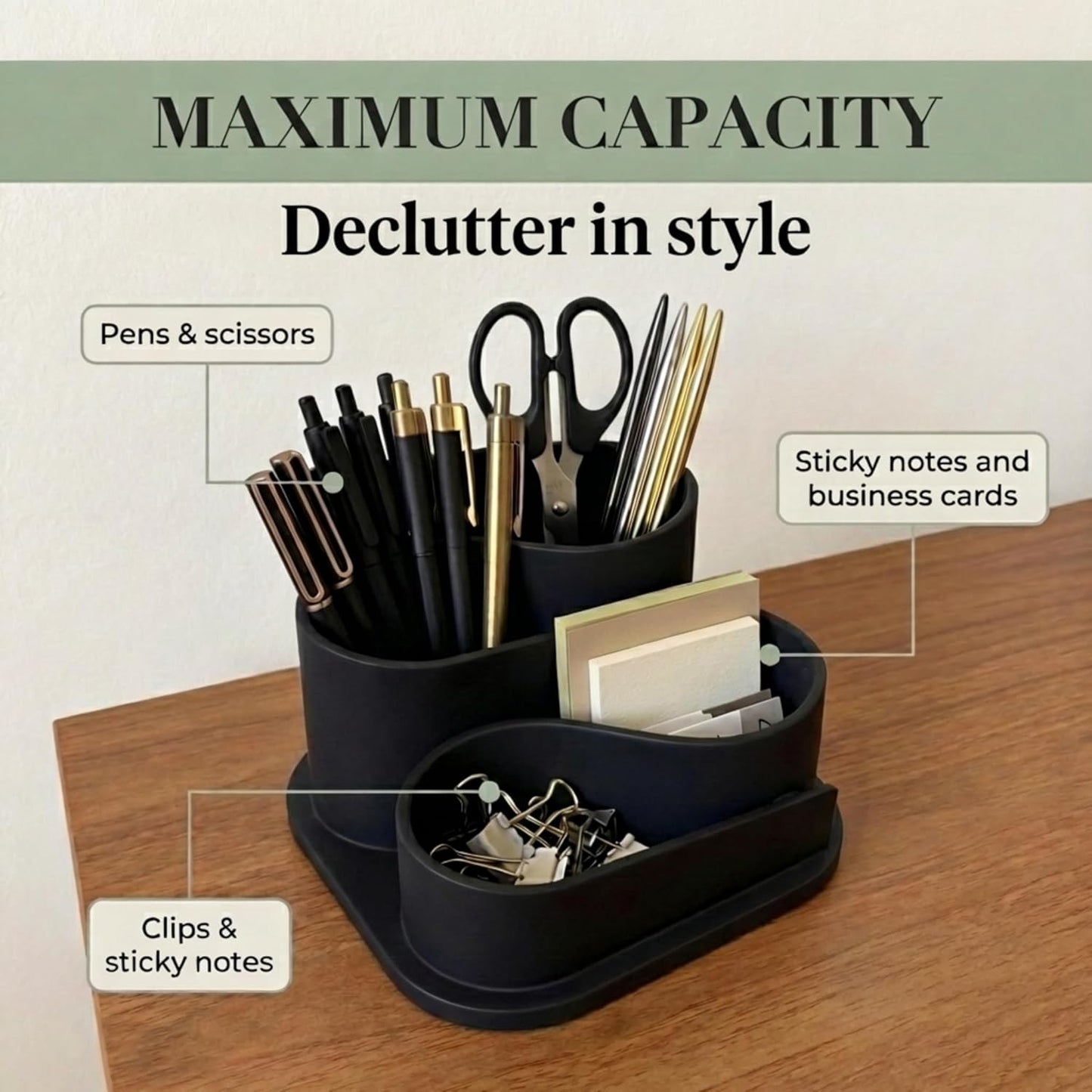 Black Desk Organizer with Pen Holder - Aesthetic Desk Accessories for Women Office - Black Pencil Holder for Desk - Desktop Organizer Caddy - Cute Desk Decor