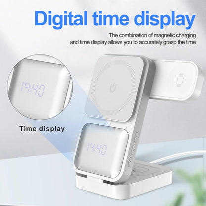 3-In-1 Magnetic Wireless Charger Stand, Foldable Fast Charging Station for Iphone 16 15 14 13 12, Apple Watch, Airpods – Portable Travel Charger