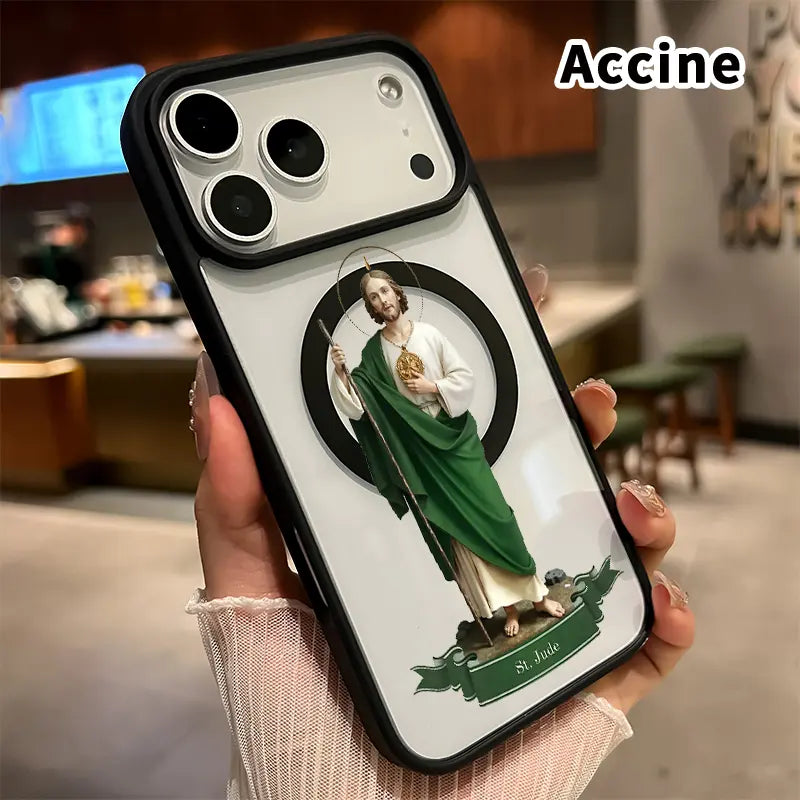 Magnetic Phone Case for Iphone 17 16 Pro Max plus 15 14 13 12 11 Air E Saint Jude Statue Pattern Non-Yellowing Shockproof Soft Silicone Transparent Acrylic Cover Supports Wireless Charging