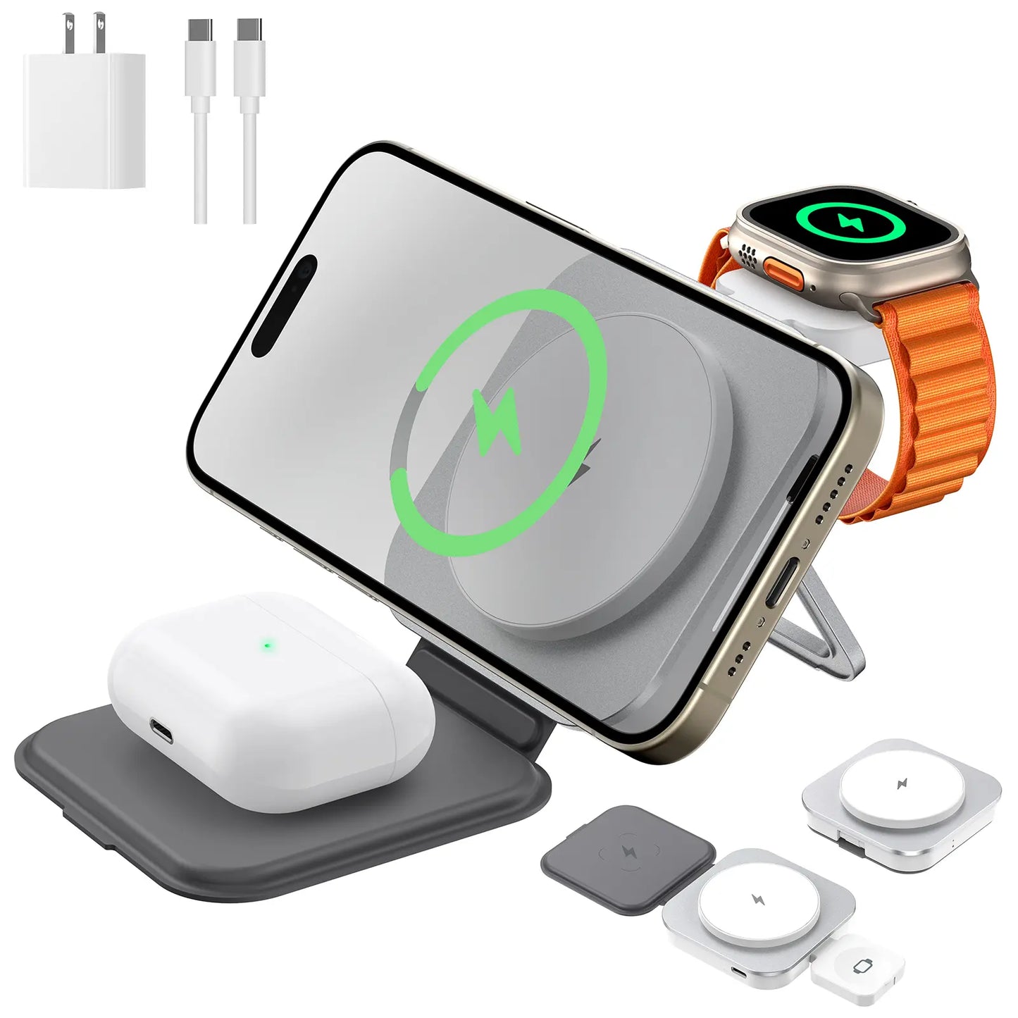 Houflody 3 in 1 Foldable Magnetic Wireless Charger with Aluminum Alloy Stand, Mag Safe Charger Station Stand with PD 20W USB-C Adapter, for Iphone 15 14 13 12 Series, Apple Watch and Airpods, White
