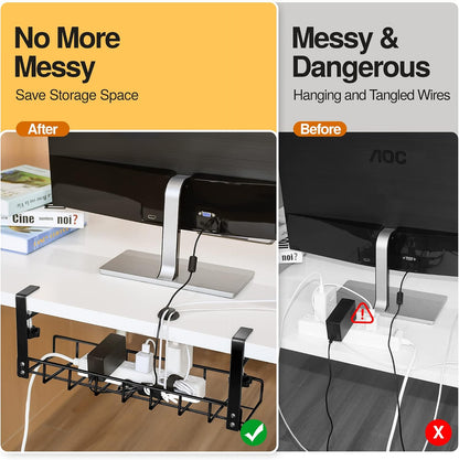 Under Desk Cable Management Tray,  Upgraded Wire Management No Drill, Cable Tray with Clamp for Desk Wire Management, Computer Cable Rack for Office, Home - No Damage to Desk