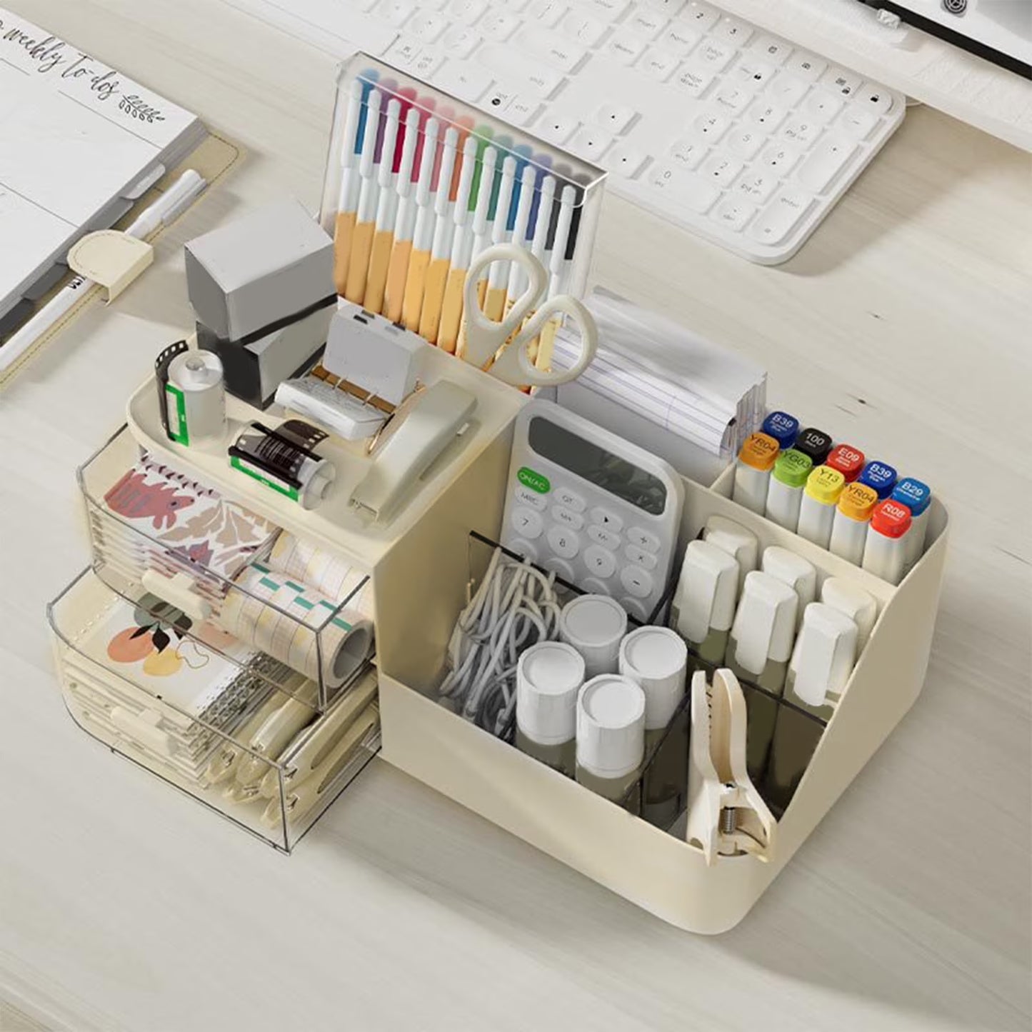 under $5 Desk Organizer with 2 Drawer, Multi-Functional Pencil Pen Holder for Desk, Desk Organizers and Accessories, Desktop Organizer Storage for Office Home Art Supplies