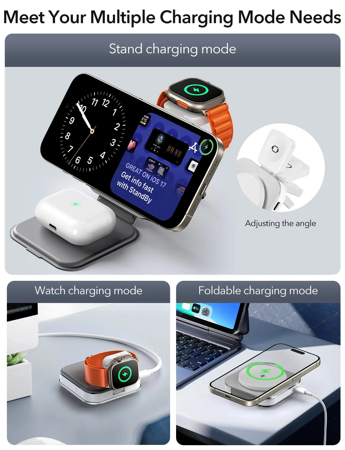 Houflody 3 in 1 Foldable Magnetic Wireless Charger with Aluminum Alloy Stand, Mag Safe Charger Station Stand with PD 20W USB-C Adapter, for Iphone 15 14 13 12 Series, Apple Watch and Airpods, White