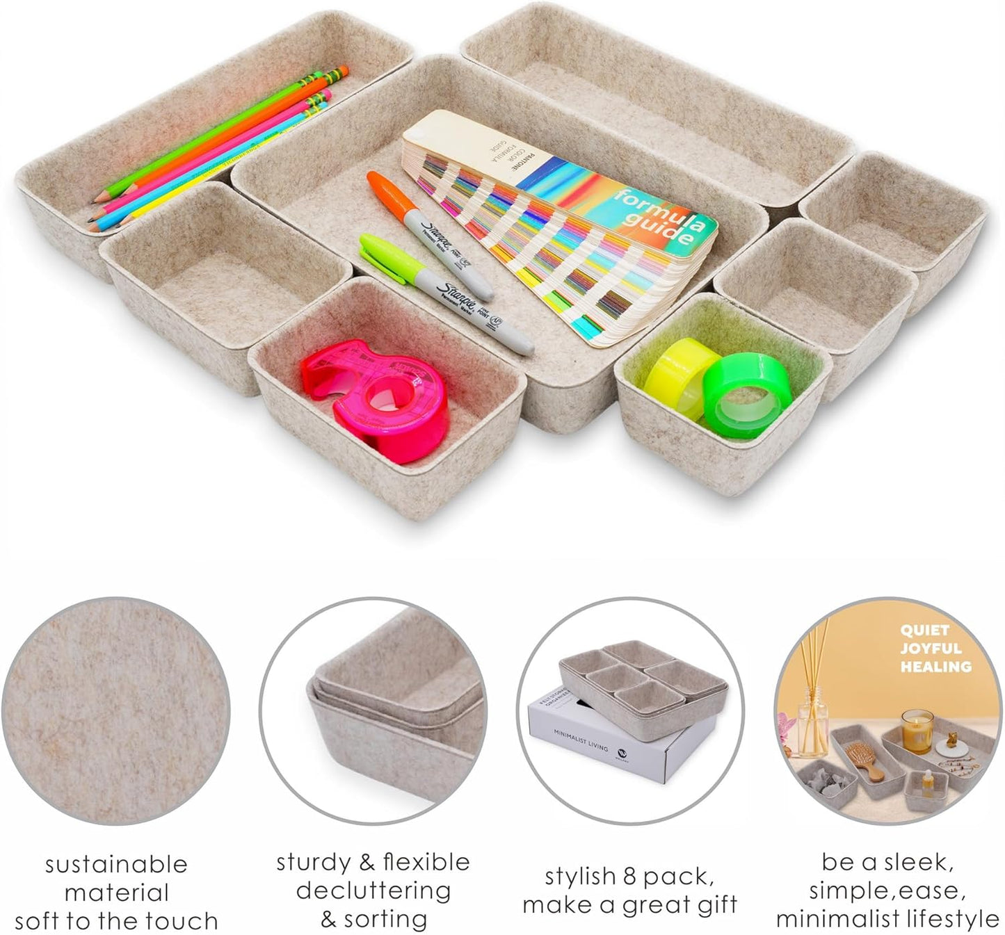 8Pc Nordic Minimalist Desk Organizer Tray Beige Oatmeal Storage