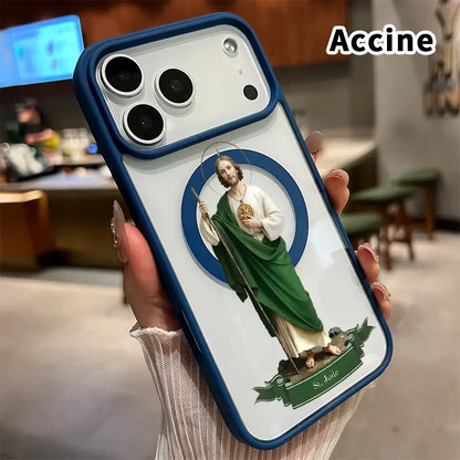 Magnetic Phone Case for Iphone 17 16 Pro Max plus 15 14 13 12 11 Air E Saint Jude Statue Pattern Non-Yellowing Shockproof Soft Silicone Transparent Acrylic Cover Supports Wireless Charging