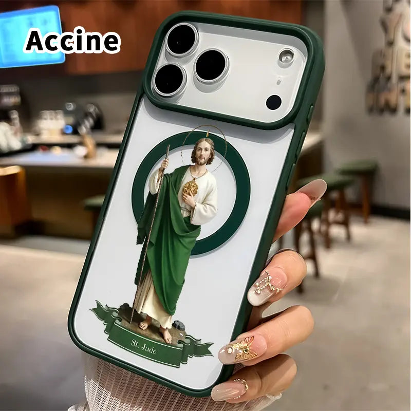 Magnetic Phone Case for Iphone 17 16 Pro Max plus 15 14 13 12 11 Air E Saint Jude Statue Pattern Non-Yellowing Shockproof Soft Silicone Transparent Acrylic Cover Supports Wireless Charging