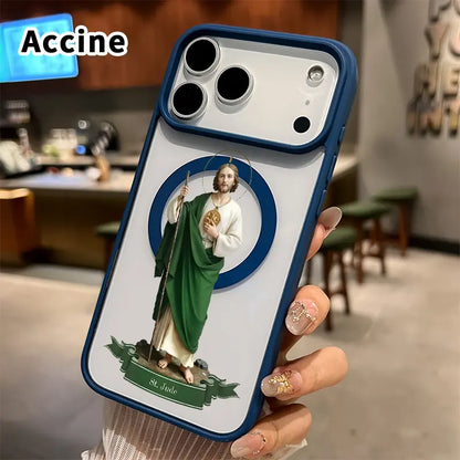 Magnetic Phone Case for Iphone 17 16 Pro Max plus 15 14 13 12 11 Air E Saint Jude Statue Pattern Non-Yellowing Shockproof Soft Silicone Transparent Acrylic Cover Supports Wireless Charging