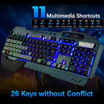 Wireless Gaming Keyboard and Mouse,Rainbow Backlit Rechargeable Keyboard Mouse with 3800Mah Battery Metal Panel,Removable Hand Rest Mechanical Feel Keyboard and 7 Color Gaming Mute Mice for PC Gamers