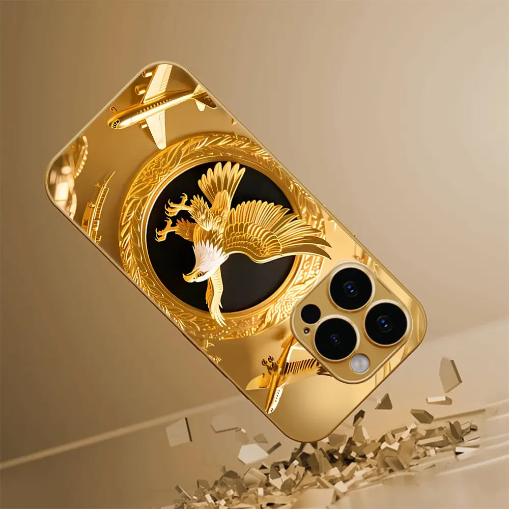 New Golden Eagle Gold Plated Glass Phone Case, High Definition Glass Design Phone Protection Case, Suitable for Iphone 17 Pro Max 16 15 14 13 12 11 Samsung Galaxy S25 Ultra S24 S23 S22 S21 S20 a Series All Inclusive Phone Case - ZQ140