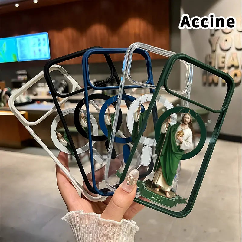 Magnetic Phone Case for Iphone 17 16 Pro Max plus 15 14 13 12 11 Air E Saint Jude Statue Pattern Non-Yellowing Shockproof Soft Silicone Transparent Acrylic Cover Supports Wireless Charging
