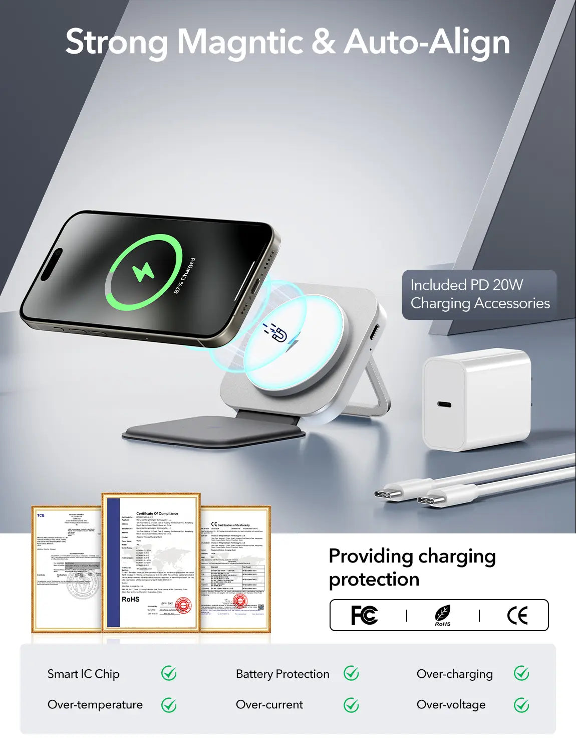 Houflody 3 in 1 Foldable Magnetic Wireless Charger with Aluminum Alloy Stand, Mag Safe Charger Station Stand with PD 20W USB-C Adapter, for Iphone 15 14 13 12 Series, Apple Watch and Airpods, White