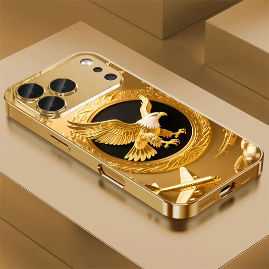 New Golden Eagle Gold Plated Glass Phone Case, High Definition Glass Design Phone Protection Case, Suitable for Iphone 17 Pro Max 16 15 14 13 12 11 Samsung Galaxy S25 Ultra S24 S23 S22 S21 S20 a Series All Inclusive Phone Case - ZQ140