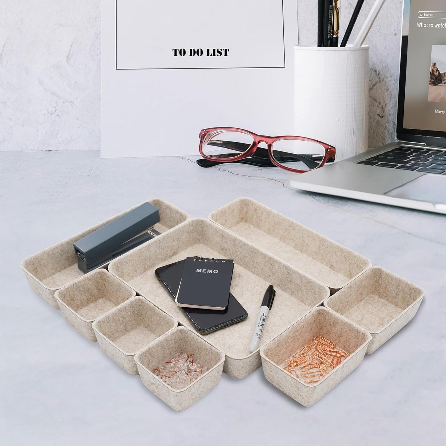 8Pc Nordic Minimalist Desk Organizer Tray Beige Oatmeal Storage