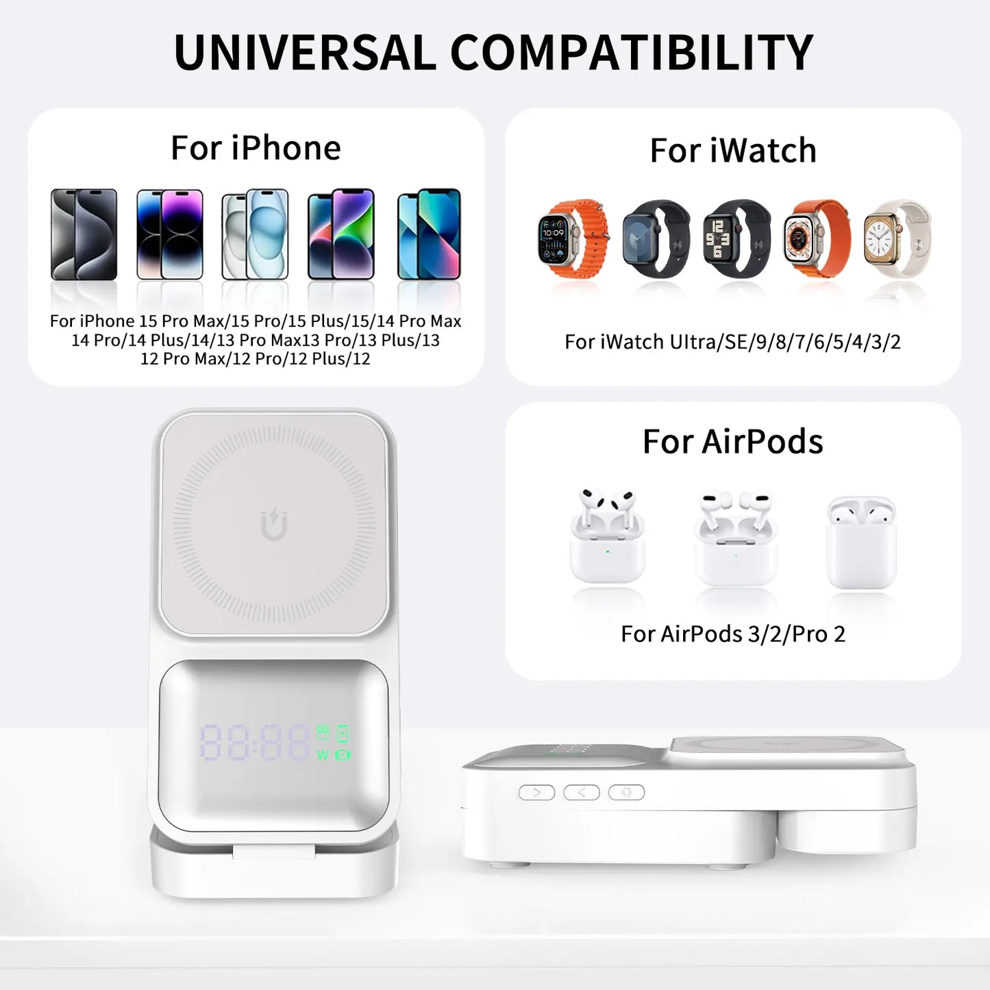 3-In-1 Magnetic Wireless Charger Stand, Foldable Fast Charging Station for Iphone 16 15 14 13 12, Apple Watch, Airpods – Portable Travel Charger
