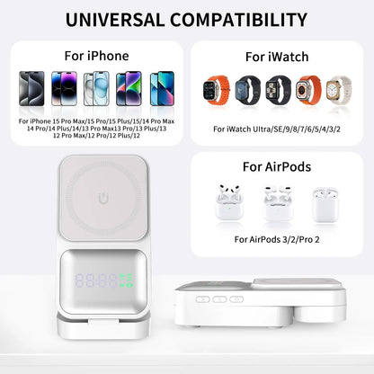 3-In-1 Magnetic Wireless Charger Stand, Foldable Fast Charging Station for Iphone 16 15 14 13 12, Apple Watch, Airpods – Portable Travel Charger