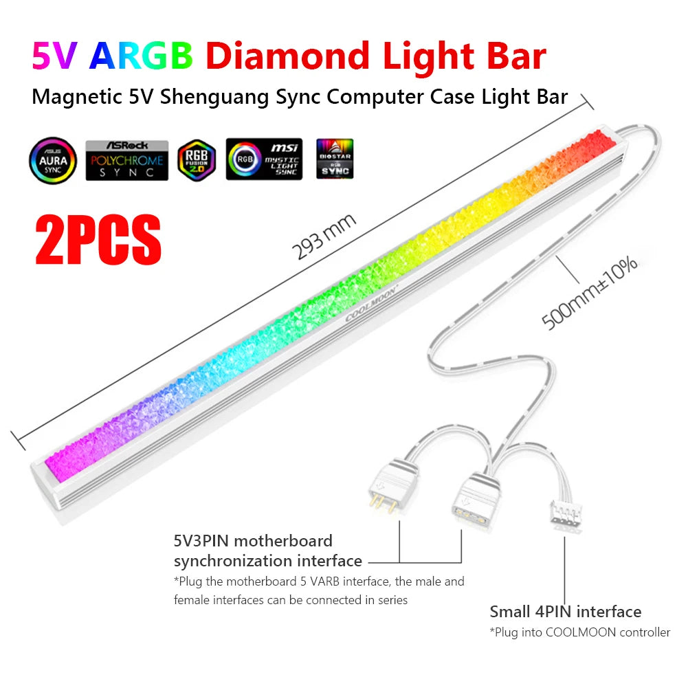 COOLMOON ARGB LED Strip Light 5V 3Pin/Small 4Pin Diamond Magnetic Colorful Atmosphere DIY Lamp Bar for PC Computer Case Chassis