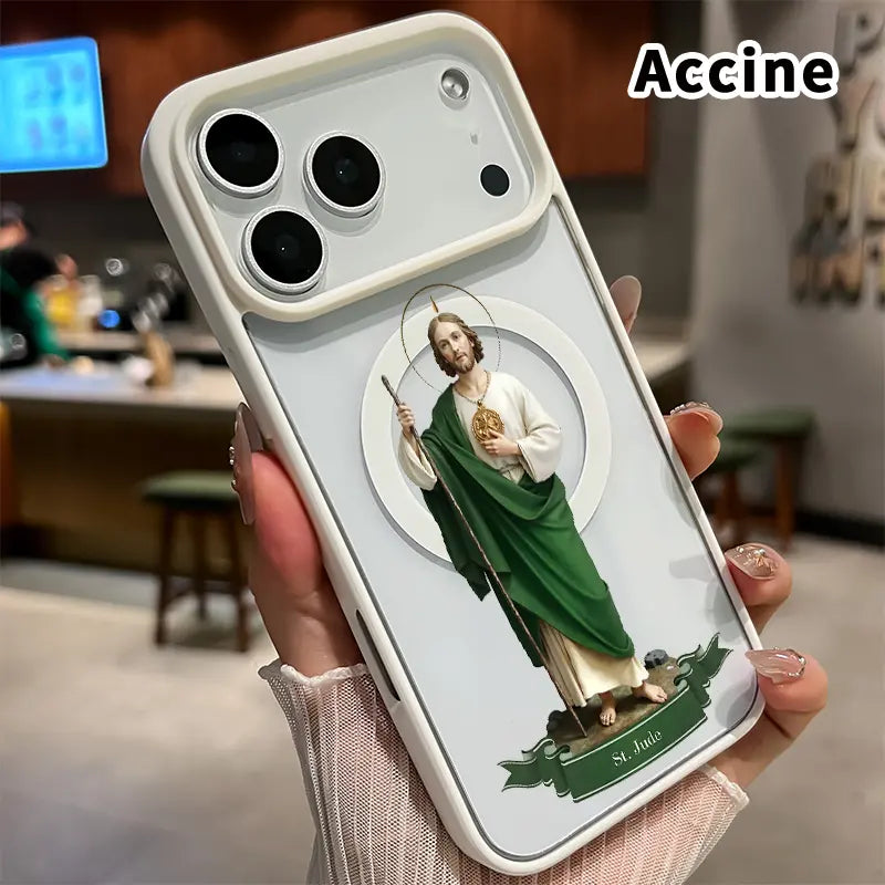 Magnetic Phone Case for Iphone 17 16 Pro Max plus 15 14 13 12 11 Air E Saint Jude Statue Pattern Non-Yellowing Shockproof Soft Silicone Transparent Acrylic Cover Supports Wireless Charging