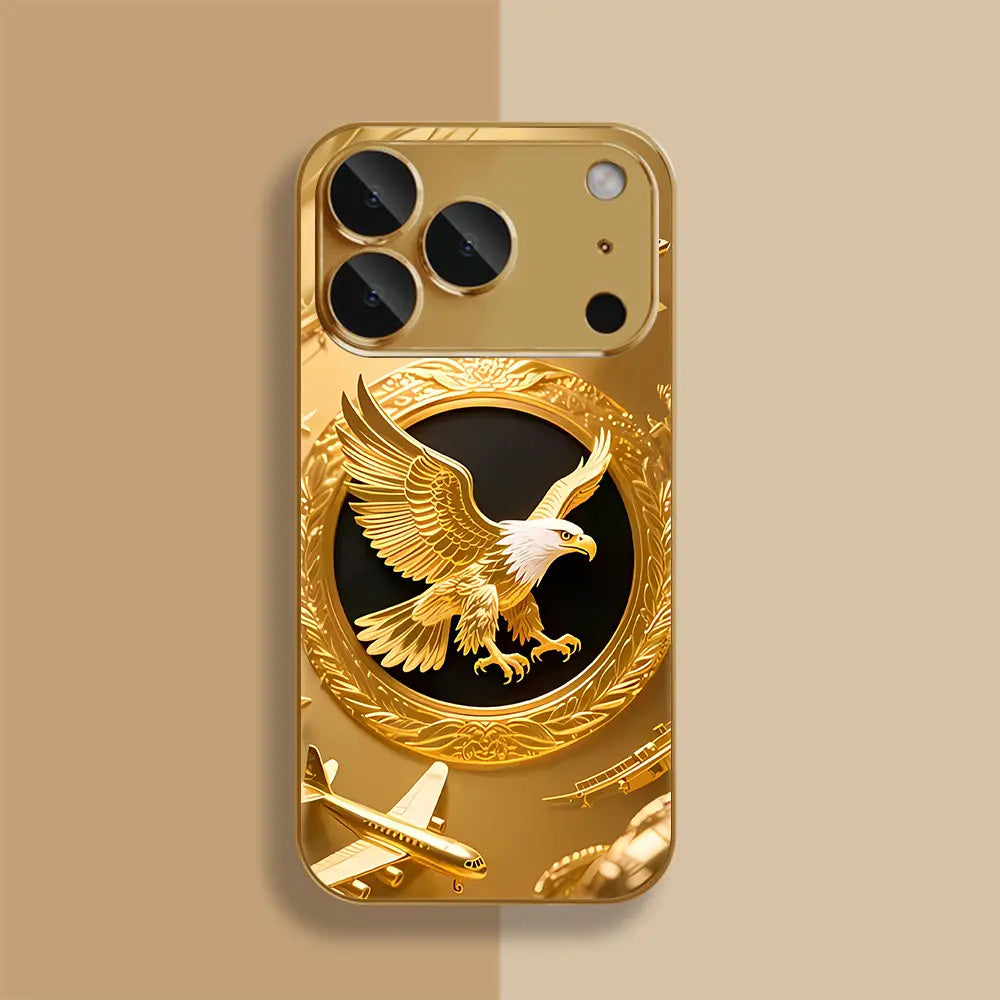 New Golden Eagle Gold Plated Glass Phone Case, High Definition Glass Design Phone Protection Case, Suitable for Iphone 17 Pro Max 16 15 14 13 12 11 Samsung Galaxy S25 Ultra S24 S23 S22 S21 S20 a Series All Inclusive Phone Case - ZQ140