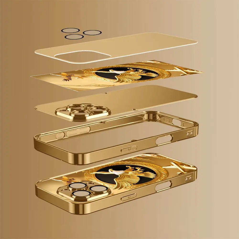 New Golden Eagle Gold Plated Glass Phone Case, High Definition Glass Design Phone Protection Case, Suitable for Iphone 17 Pro Max 16 15 14 13 12 11 Samsung Galaxy S25 Ultra S24 S23 S22 S21 S20 a Series All Inclusive Phone Case - ZQ140