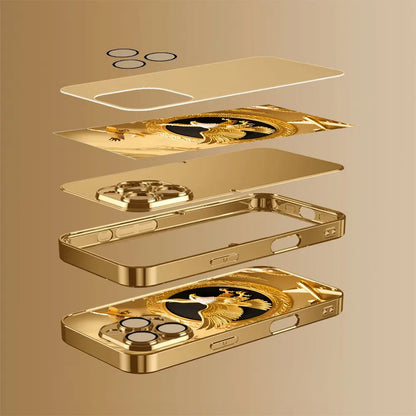 New Golden Eagle Gold Plated Glass Phone Case, High Definition Glass Design Phone Protection Case, Suitable for Iphone 17 Pro Max 16 15 14 13 12 11 Samsung Galaxy S25 Ultra S24 S23 S22 S21 S20 a Series All Inclusive Phone Case - ZQ140