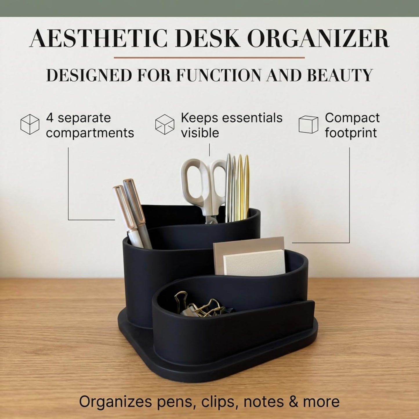 Black Desk Organizer with Pen Holder - Aesthetic Desk Accessories for Women Office - Black Pencil Holder for Desk - Desktop Organizer Caddy - Cute Desk Decor