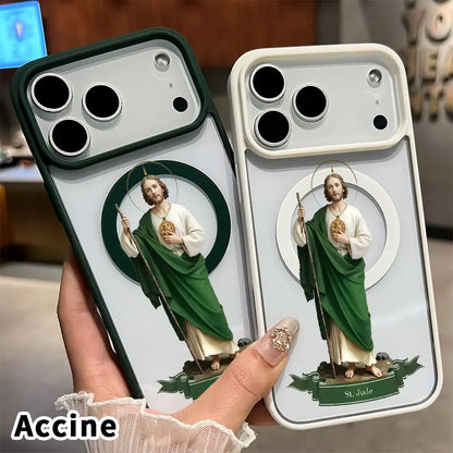 Magnetic Phone Case for Iphone 17 16 Pro Max plus 15 14 13 12 11 Air E Saint Jude Statue Pattern Non-Yellowing Shockproof Soft Silicone Transparent Acrylic Cover Supports Wireless Charging