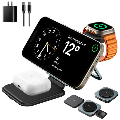 Houflody 3 in 1 Foldable Magnetic Wireless Charger with Aluminum Alloy Stand, Mag Safe Charger Station Stand with PD 20W USB-C Adapter, for Iphone 15 14 13 12 Series, Apple Watch and Airpods, White
