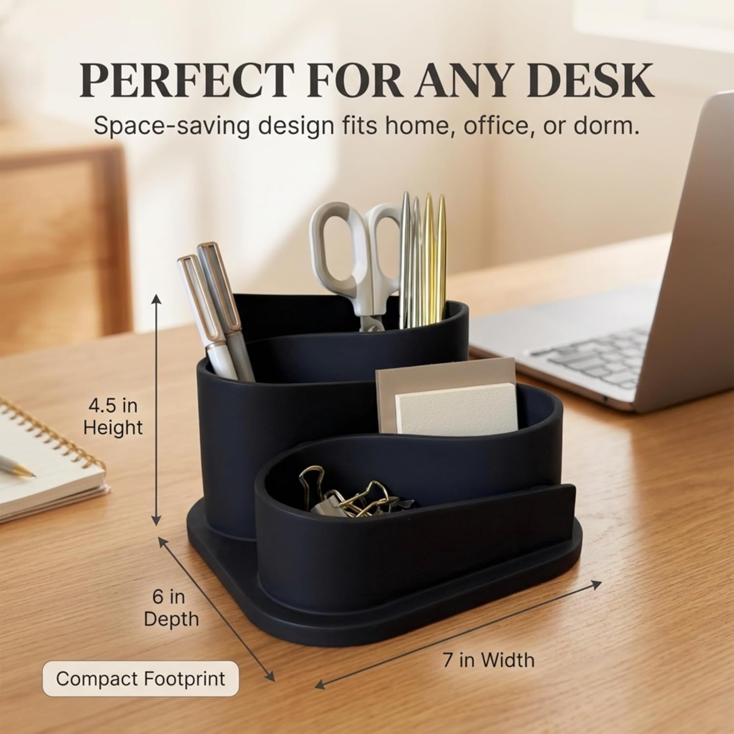 Black Desk Organizer with Pen Holder - Aesthetic Desk Accessories for Women Office - Black Pencil Holder for Desk - Desktop Organizer Caddy - Cute Desk Decor