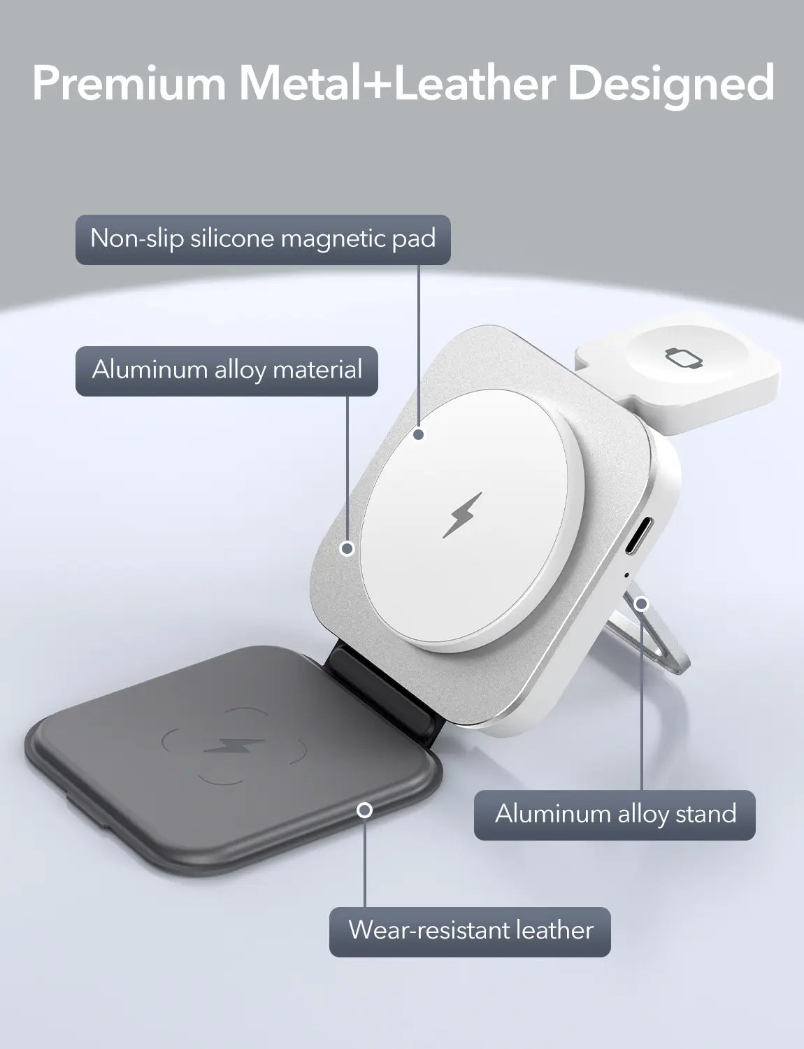 Houflody 3 in 1 Foldable Magnetic Wireless Charger with Aluminum Alloy Stand, Mag Safe Charger Station Stand with PD 20W USB-C Adapter, for Iphone 15 14 13 12 Series, Apple Watch and Airpods, White