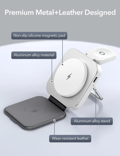 Houflody 3 in 1 Foldable Magnetic Wireless Charger with Aluminum Alloy Stand, Mag Safe Charger Station Stand with PD 20W USB-C Adapter, for Iphone 15 14 13 12 Series, Apple Watch and Airpods, White
