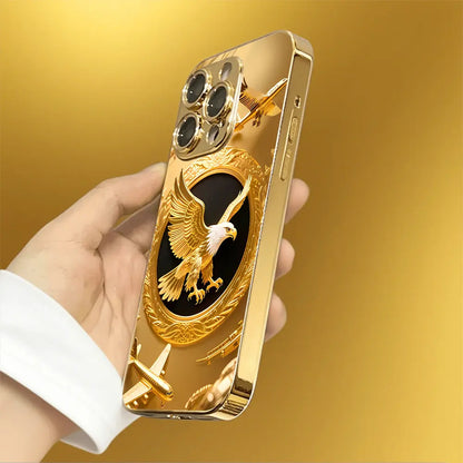 New Golden Eagle Gold Plated Glass Phone Case, High Definition Glass Design Phone Protection Case, Suitable for Iphone 17 Pro Max 16 15 14 13 12 11 Samsung Galaxy S25 Ultra S24 S23 S22 S21 S20 a Series All Inclusive Phone Case - ZQ140